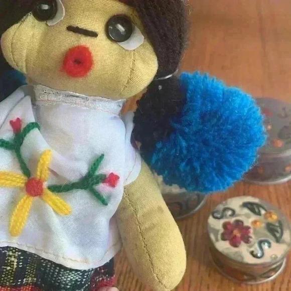 Mexican or South American Colorful Multicolor Cloth Doll with Pompoms - Picture 3 of 5